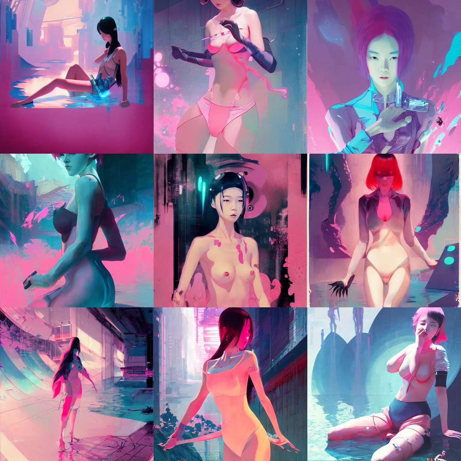 Prompt: lee jin - eun emerging from pink water in cyberpunk theme by ilya kuvshinov and peter mohrbacher and claude monet, and m. k. kaluta, rule of thirds, seductive look, beautiful