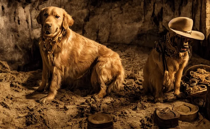 Image similar to a dirty golden retriever in a dark mine with large piles of gold nuggets and wearing a wild west hat and jacket, dim moody lighting, wooden supports, wall torches, cinematic style photograph