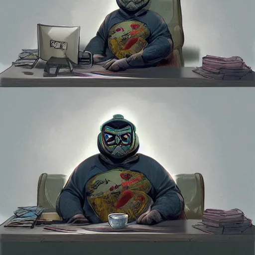 Image similar to a insanely detailed painting of a chubby masked asian man wearing a costume sitting at a desk, staring at the nervously at the computer typing, in the style of peter mohrbacher, dramatic lighting and composition, trending on artstation, concept art, comic book