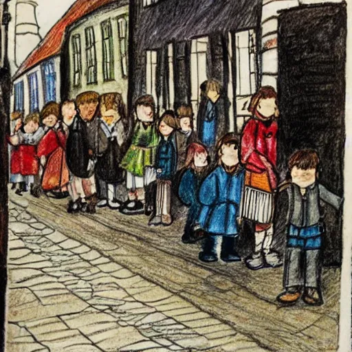 Prompt: a Child's drawing of street life in old stavanger, Norway W 1280