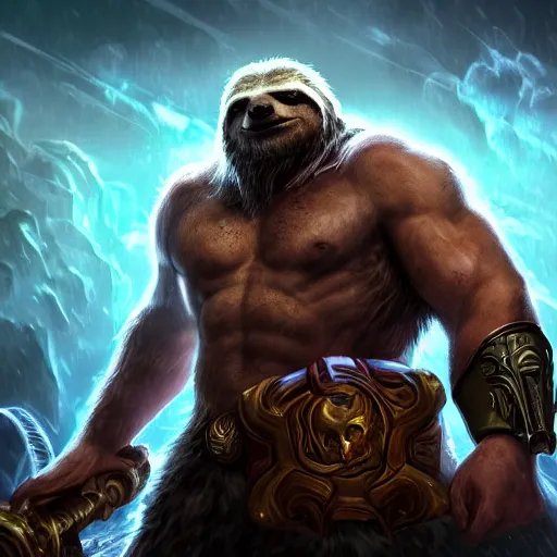 Image similar to portrait of sloth as zeus the god of thunder, league of legends amazing splashscreen artwork, gears of war, splash art, natural light, elegant, photorealistic facial features, intricate, fantasy, detailed face, atmospheric lighting, anamorphic lens flare, cinematic lighting, league of legends splash art, hd wallpaper, ultra high details by greg rutkowski