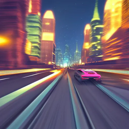 Prompt: cars racing through night city, photorealistic