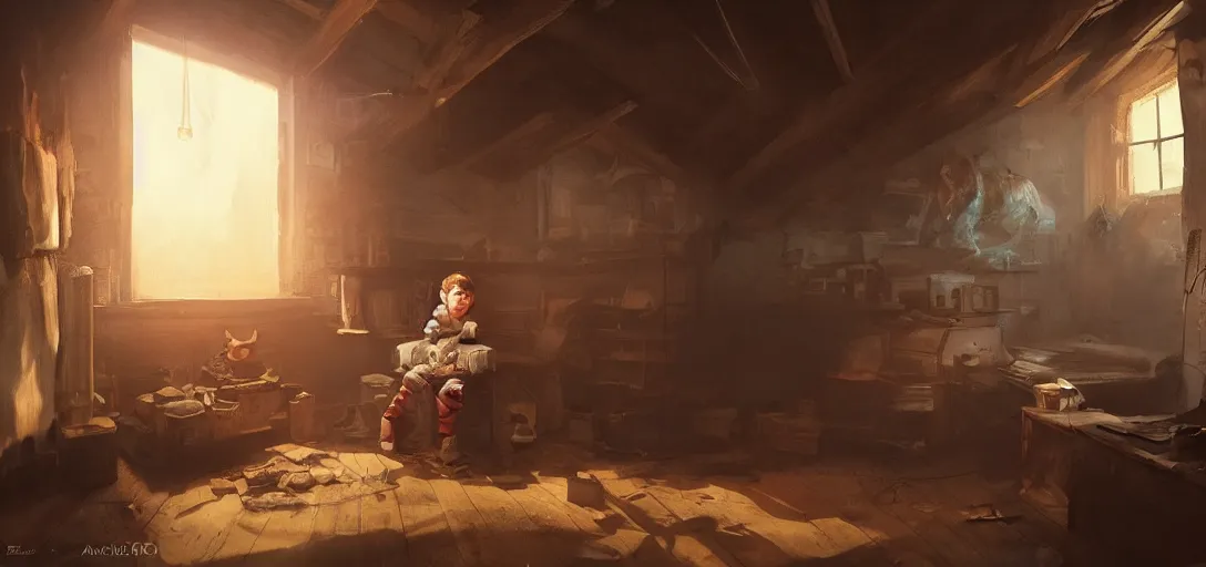 Prompt: a kid sitting in an old attic in front of a magic Image, dramatic lighting, cinematic, establishing shot, extremly high detail, photo realistic, cinematic lighting, post processed, concept art, artstation, matte painting, style by eddie mendoza, raphael lacoste, alex ross
