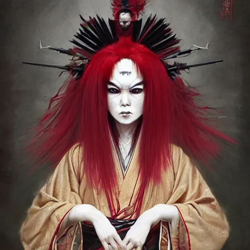 Image similar to an epic portrait of insane kabuki wielding a spear, magical aura of insanity, intricate hakama, poofy red wig, eerie, highly detailed, dark fantasy, art by artgerm and greg rutkowski