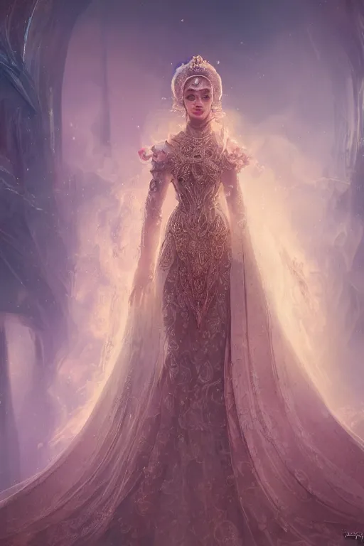 Image similar to Atmospheric detailed photography of a beautiful empress, wearing crystal fractal tiara, fantasy long intricate gown, sharp focus, octane render, high quality, 8k, volumetric lighting, color grading, by Tom Bagshaw and James Jean and Artgerm