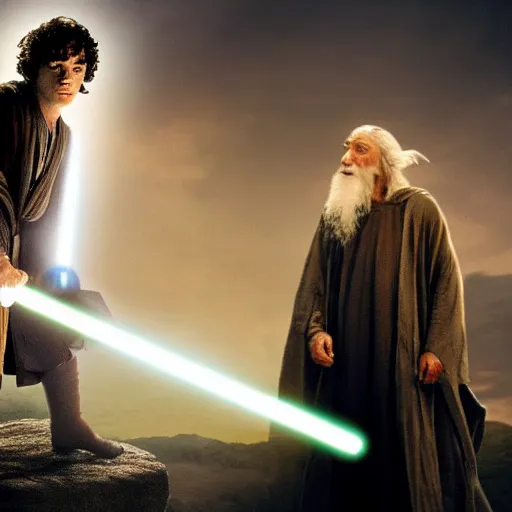 Image similar to frodo and gandalf as jedi master, dramatic lighting,