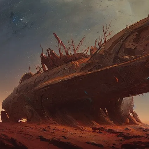 Image similar to An ancient alien ship discovered half-buried in the Australian outback, detailed fantasy art by Greg Rutkowski