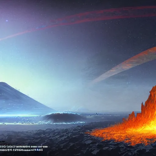 Image similar to a volcanic planet concept art by Doug Chiang