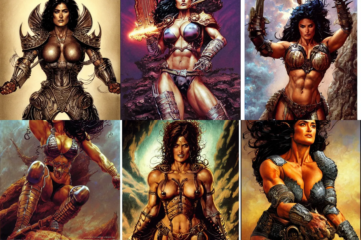 Prompt: muscular beautiful salma hayek wearing armor tombow artwork greg staples , dug stanat, norman rockwell , christophe young eytan zana , rumiko takahashi