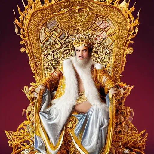 Prompt: Award Winning Highly Detailed Portrait Photo of beautiful Mythological King Royally with hyper-defined features decorated sitting in a shining Filigree throne designed by Gaudi, Silks, Furs, ermine, wide-angle long shot