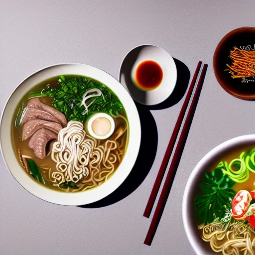 Image similar to flatlay realistic photo of delicious pho, ramen, aesthetic table cloth, highly detailed, global illumination, masterpiece, 8 k hd, award winning, artstation,