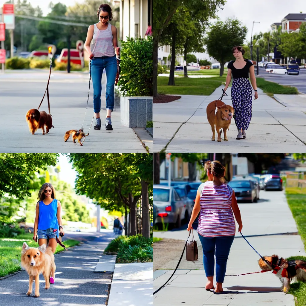Prompt: An attractive young woman walking her small dog on the sidewalk in the suburbs. Mid afternoon. Summer.