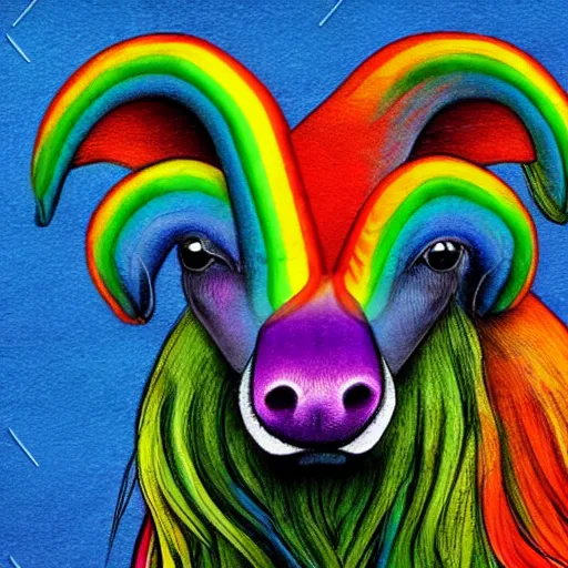 Image similar to portrait friendly cute happy stylish realistic rainbow animal from africa. background in the style of art nouveau. lively. colorful. hd.