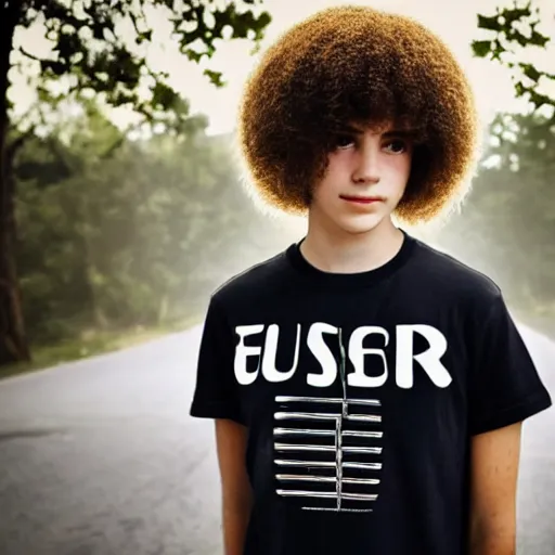 Prompt: close up photo of a 1 5 yo teen with very curly hair wearing a daft punk tshirt