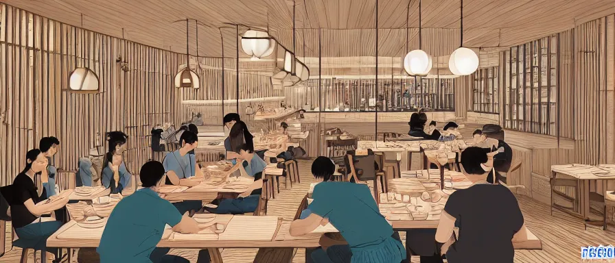 Image similar to a beautiful interior view illustration of a small roasted string hotpot restaurant in yan'an city, wall corner, restaurant wall paper is tower amd mountain, rectangle white porcelain table, people are eating, black chair, animation illustrative style, from china, simple style structure decoration design, victo ngai, james jean, 4 k hd