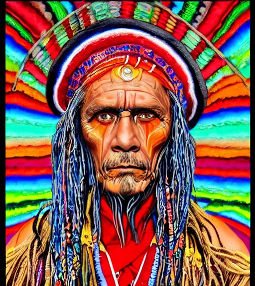 Image similar to Portrait painting in a style of Alex Grey of an old shaman dressed in a colorful traditional clothes.