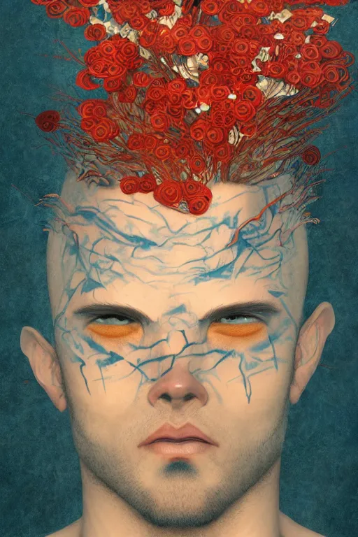 Prompt: portrait of beautiful young man, warhammer, japanic style, cyberpunk, a lot of scars, more and more flowers, blue head, sun side, some red water, the middle ages, highly detailed, artstation, illustration, art by gustav klimt, 8 k quality
