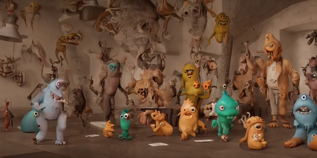 Prompt: cute cartoon monsters at a museum, still from a Wes Anderson film, cinematic, trending on artstation, highly detailed, scene from a movie, soft lighting, 8k