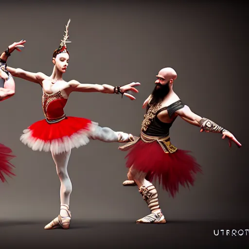 Prompt: kratos dancing ballet, wearing a tutu, ultra realistic, intricate details, highly detailed, photorealistic, octane render, 8 k, unreal engine.