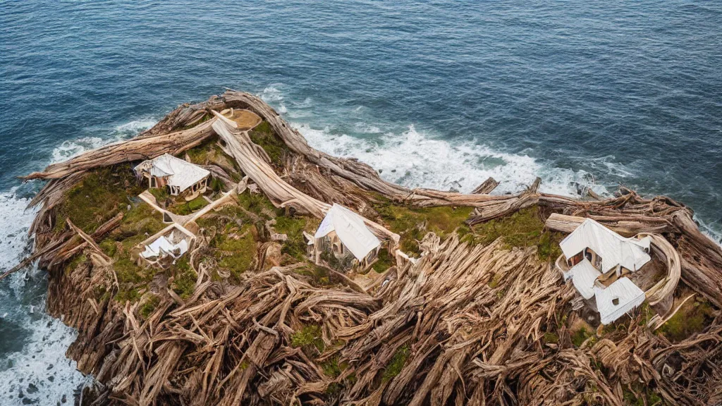 Prompt: aerial architectural photography of a house made of driftwood, natural and organic and flowing, on the coast, wide angle, shot from a low angle, great lighting, cinematic.