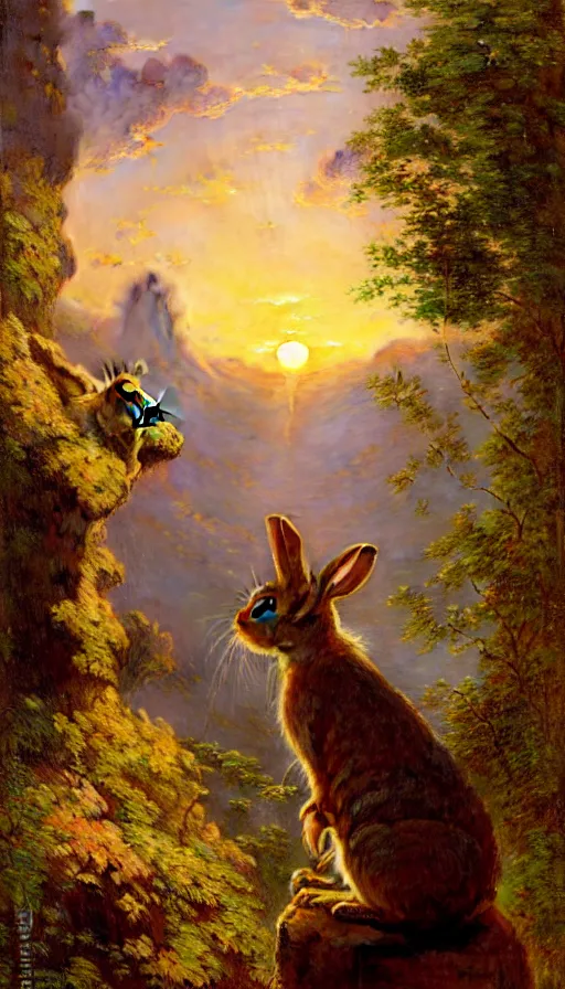 Prompt: hyper realistic rabbit looking off of a cliff, sun setting behind rabbit, lush forest in valley below, painted by gaston bussiere, craig mullins, j. c. leyendecker 8 k