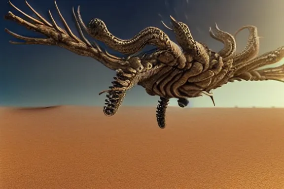 Image similar to “ very very intricate photorealistic photo of an eldritch horror flying over the desert, detailed natural lighting, award - winning crisp details ”