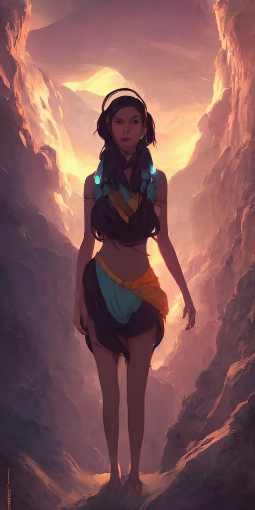 Image similar to beautiful young Himalayan woman with psychic powers, floating in a cave, sad, futuristic, somber, sci-fi summer fashion , by Makoto Shinkai and Wojtek Fus, by studio trigger, rossdraws, dramatic lighting, reflective light