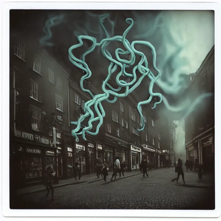 Prompt: evil eldritch smoke and tendril monsters in a typical english high street. terrified people running and screaming. polaroid. photorealistic. highly detailed