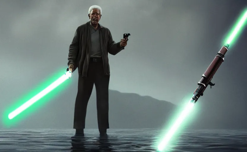 Image similar to morgan freeman holding a lightsaber, water landscape, dramatic lighting, cinematic, establishing shot, long full body shot, extremly high detail, photorealistic, cinematic lighting, post processed, concept art, artstation, matte painting, style by greg rutkowsky