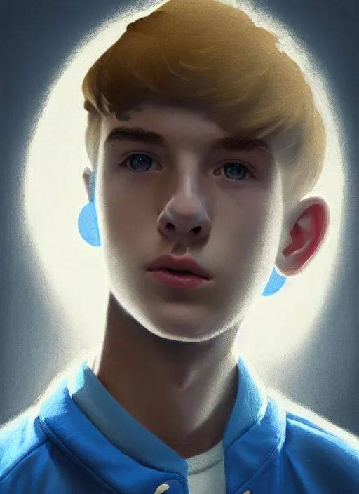 Image similar to portrait of a teenage boy named moose mason, blonde short hair, jock, beefy, square jaw, square facial structure, 1 9 5 0 s, blue varsity jacket, intricate, elegant, glowing lights, highly detailed, digital painting, artstation, concept art, smooth, sharp focus, illustration, art by wlop, mars ravelo and greg rutkowski