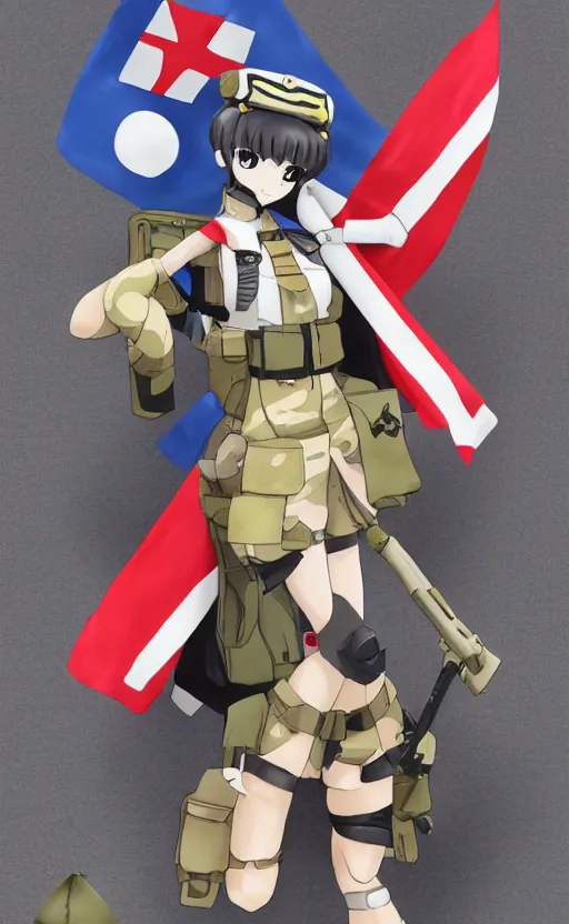 Image similar to toy design, military flags, portrait of soldier girl, 2022 anime style, anime figma figure, cosplay photo, flight squadron insignia, soldier clothing, realistic military gear, inspired by good smile company, 120mm, round elements, photo taken by professional photographer, by shibafu, trending on facebook, symbology, anime character anatomy, high resolution, matte, empty hands, realistic military carrier