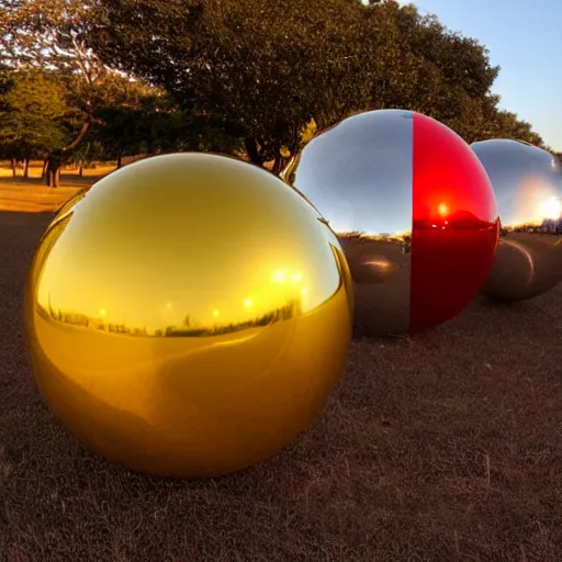 Prompt: chrome spheres on a red cube, golden hour