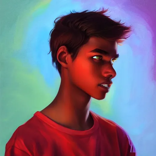 Image similar to colorful and festive captivating teenager with straight brown hair covering his eye, dark skin, big lips, big eyes, wearing a red t - shirt. rich vivid colors, ambient lighting, dynamic lighting, 4 k, atmospheric lighting, painted, intricate, highly detailed by charlie bowater