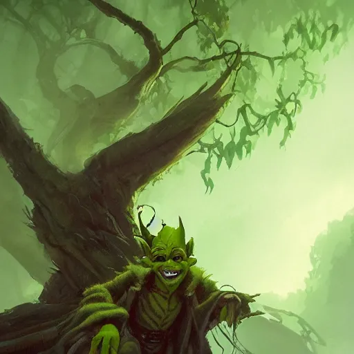 Image similar to cute green goblin with big ears, no hair, and round yellow eyes, wearing a traveler's cloak, looking down out of a tree, in the style of greg rutkowski
