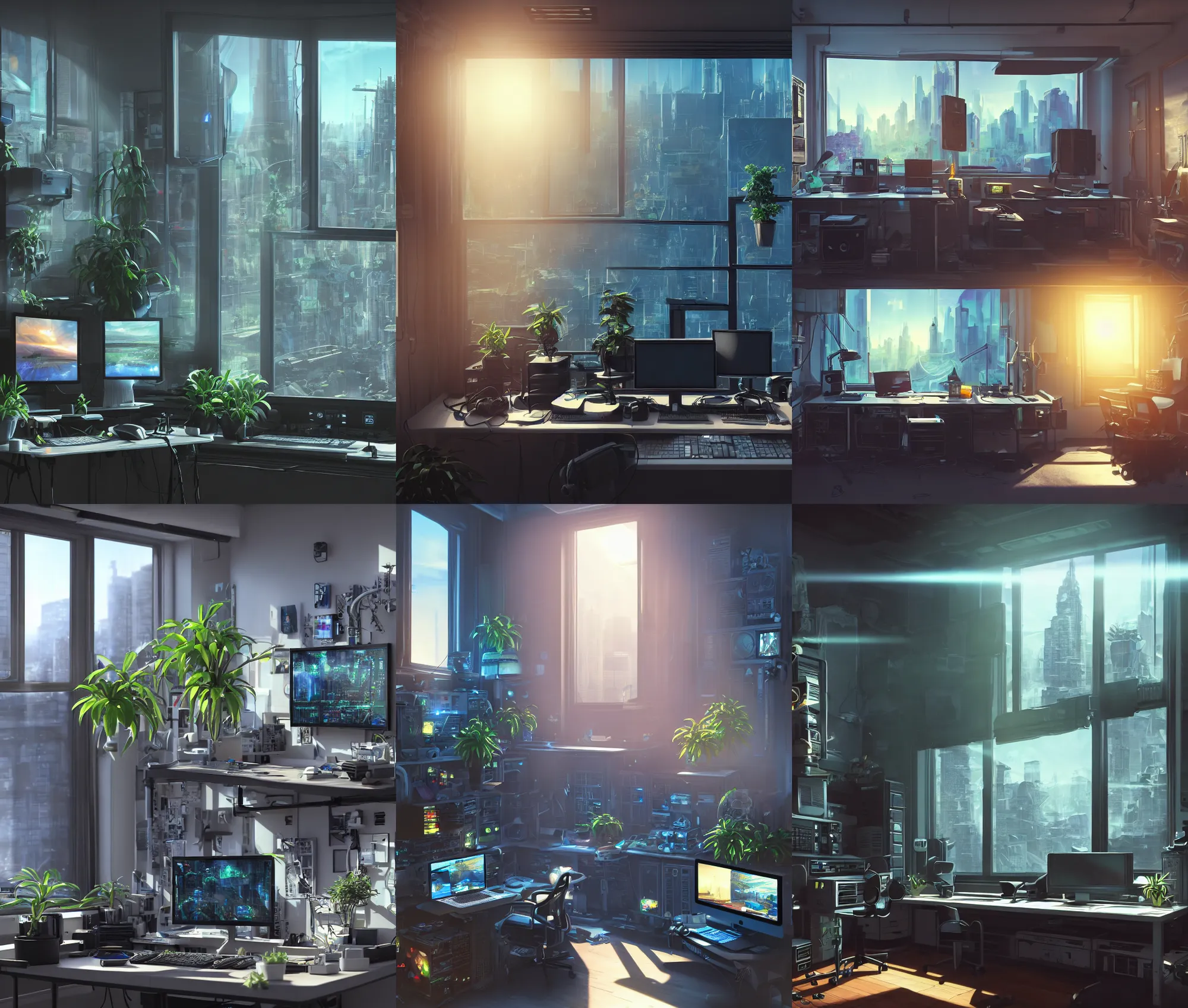 Image similar to detailed scifi artstation scene of a complex computer workstation in a small studio apartment room, single potted plant, many monitors, many electronics, a window view of the city, maximalism, volumetric light, sunny amber morning light, sun beam, atmospheric haze, unreal engine, hyperrealism, realistic shading, blender render, photorealistic, wide shot