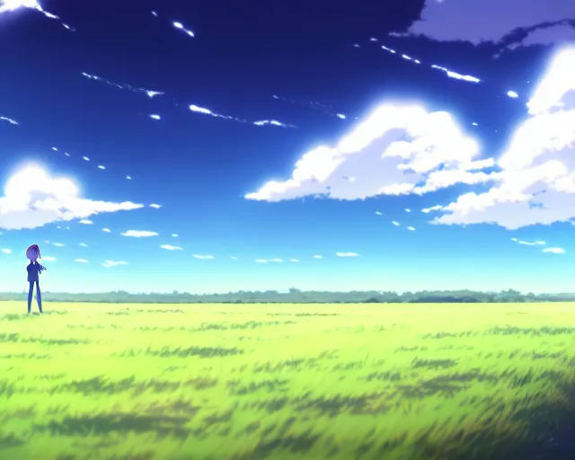 Image similar to an empty field with a partly cloudy sky, anime key visual, official media, illustrated by wlop, extremely detailed, 8 k, trending on pixiv, cinematic lighting, beautiful