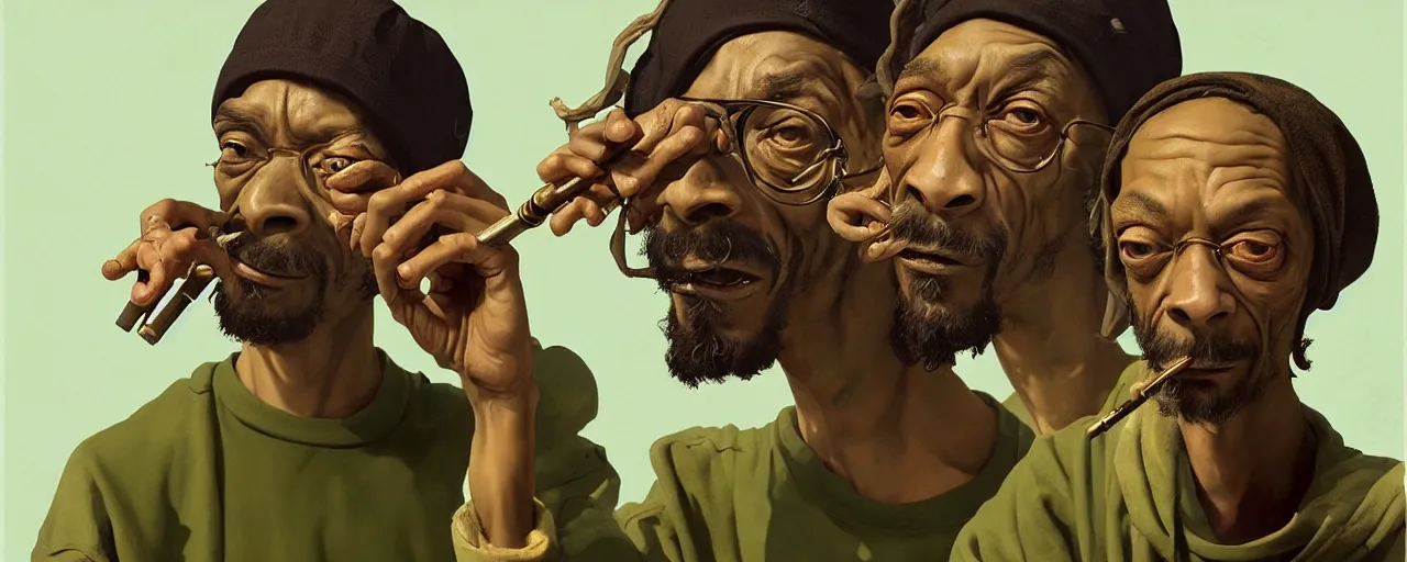 Image similar to duotone olive illustration 3 / 4 portrait of gollum smoking joints with snoop dogg composition accidental renaissance golden ratio. by sachin teng and sergey kolesov and ruan jia and heng z. graffiti art, scifi, fantasy, hyper detailed. octane render. concept art. trending on artstation