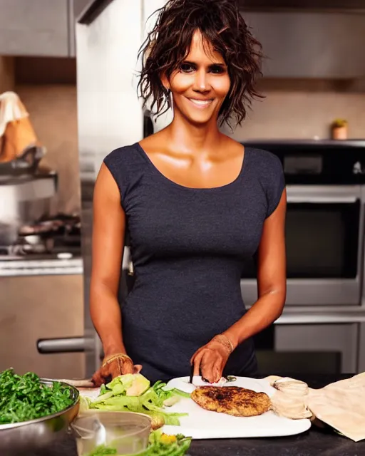 Image similar to photoshoot of model halle berry cooking a meal, 8 k, photorealistic