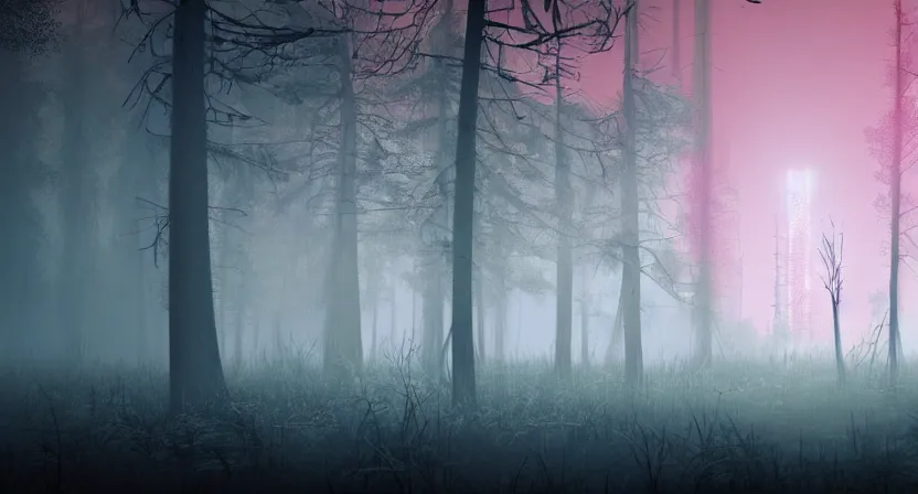 Image similar to national geographic photo of dark russian forest, soft colors, bright neon, retro-futurism, atomic heart game concept render