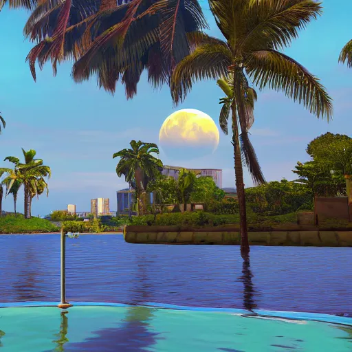 Image similar to Floating palace, moon reflecting on the water, thunderstorm, greek pool, beach and Tropical vegetation on the background major arcana sky, gta v screenshot, pc gta 5 videogame, hyperrealistic 8k, award-winning, very very very detailed