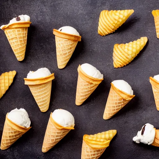 Prompt: ice cream cones and french fries, food photography, studio lighting