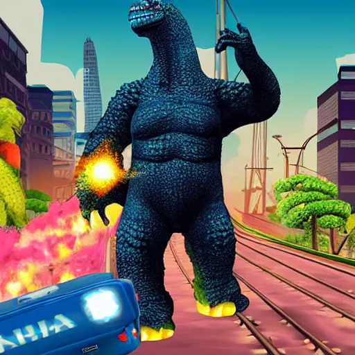 Image similar to Godzilla in the style of Subway Surfers