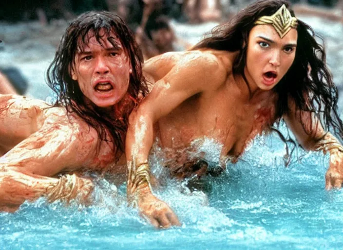 Image similar to gal gadot as conan the barbarian oil wrestling with patrick swayze, movie still, from the movie road house, 8 k, realistic