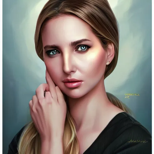 Image similar to a beautiful scenic painting of a beautiful young woman that looks like ivanka trump by artgerm and wlop and wes anderson and spike jonze