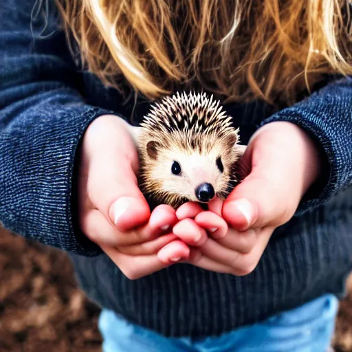 Prompt: a close up photo of a girl holding a baby hedgehog in her hand with the hedgehog upside down, real photo, real camera, dslr, intricate quality, 8 k