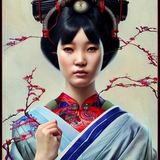 Image similar to portrait painting of an asian cyborg geisha, ultra realistic, concept art, intricate details, eerie, highly detailed, photorealistic, octane render, 8 k, unreal engine. art by artgerm and greg rutkowski and alphonse mucha