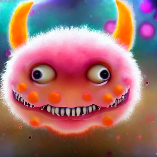 Prompt: an alien with a face that looks like a fuzzy peach the peach is fuzzy pink warm and ripe the alien has horns and a mean smile the alien has bedroom eyes with chicken feet cruel smile, 4k, highly detailed, high quality, amazing, high particle effects, glowing, majestic, soft lighting, detailed background, happy tones, sharp background