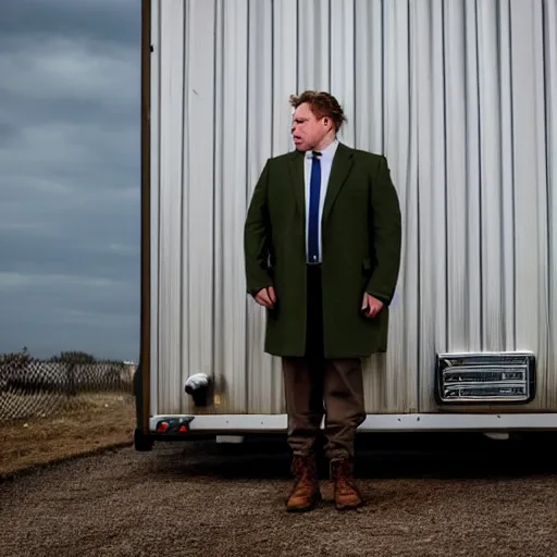 Prompt: the chubby white man stood patiently on the trailer lot, his legs spread apart, wearing an olive green overcoat, dark gray chalk stripe three-piece suit, a blue dress shirt with white cuffs and collars, a midnight blue necktie, and a pair of dirty wheat Timberland work Boots