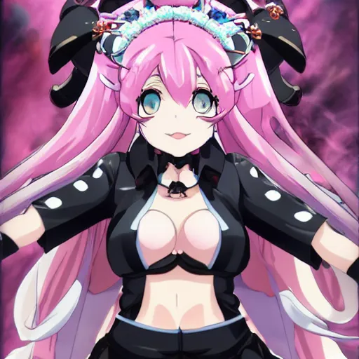 Image similar to stunningly beautiful omnipotent megalomaniacal anime goddess who looks like junko enoshima with porcelain skin, pink twintail hair and mesmerizing cyan eyes, symmetrical perfect face smiling in a twisted, mischievous, devious and haughty way while looking down upon the viewer and taking over the universe, mid view, hyperdetailed, 2 d, 8 k