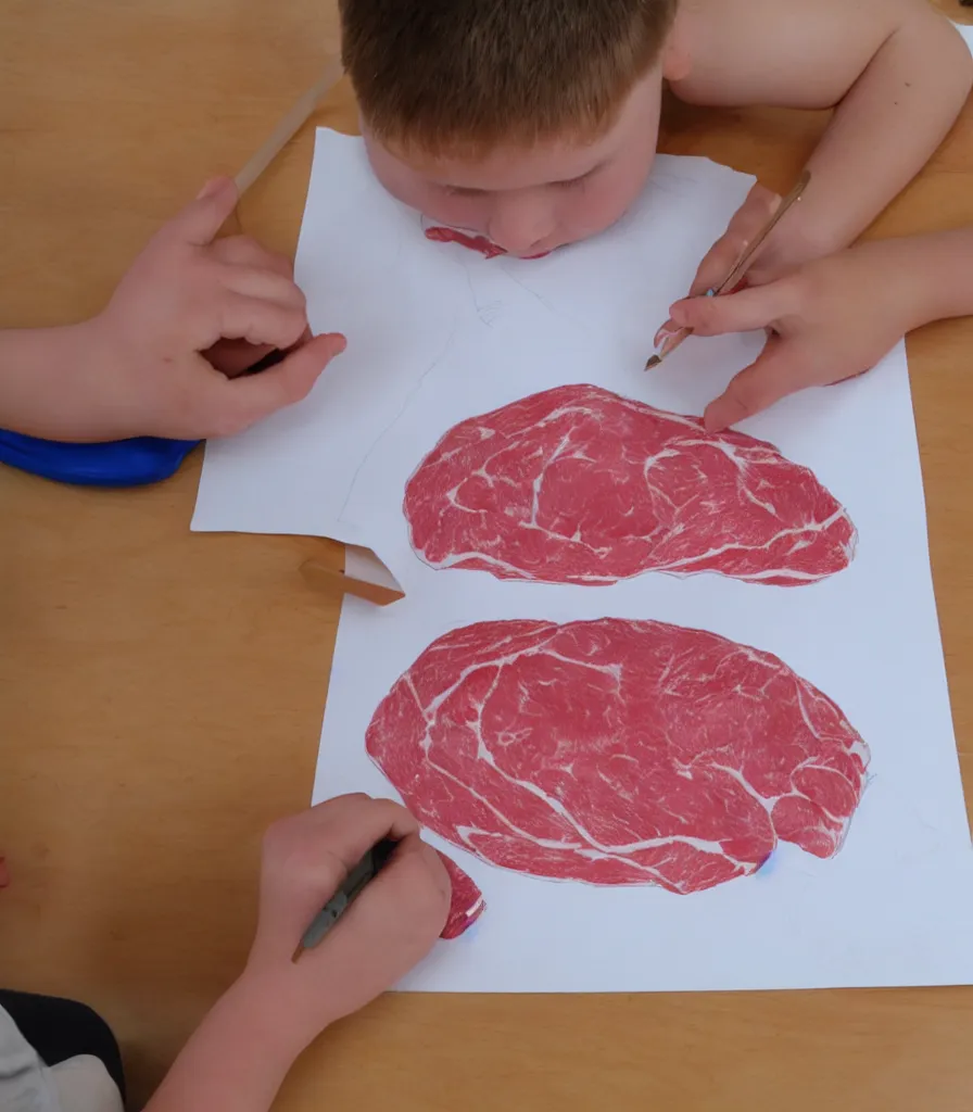 Prompt: kid drawing of uncooked meat